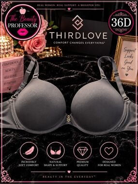 💕ThirdLove 36D Black Smooth Molded Cup Underwire Bra Gold Hardware